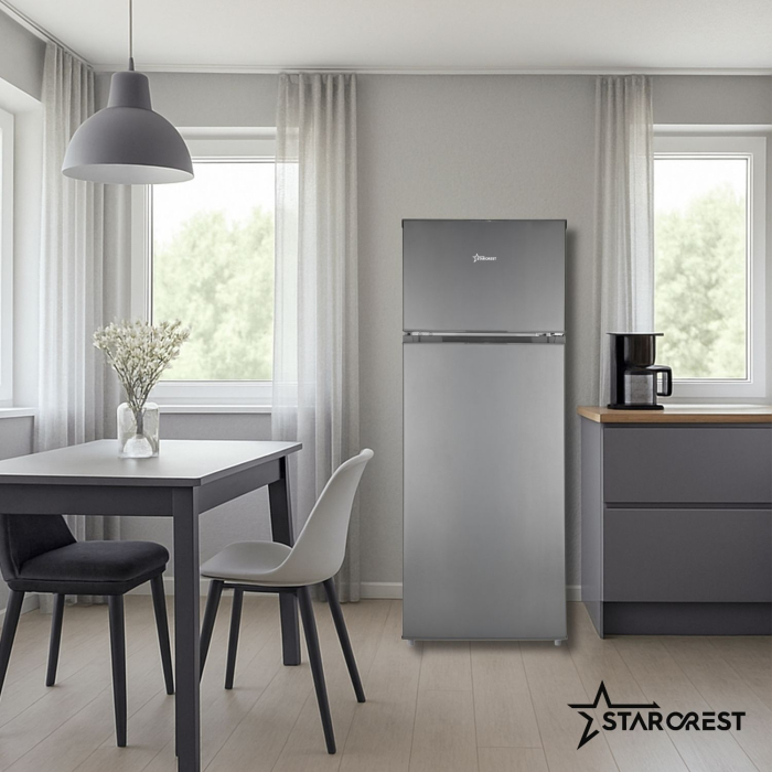 STARCREST 2-Door Refrigerator SF-210DX-E, 210 L, Class E, LED Lighting, Adjustable Thermostat, Reversible Doors, H 143 cm, Black Stainless Steel [6]