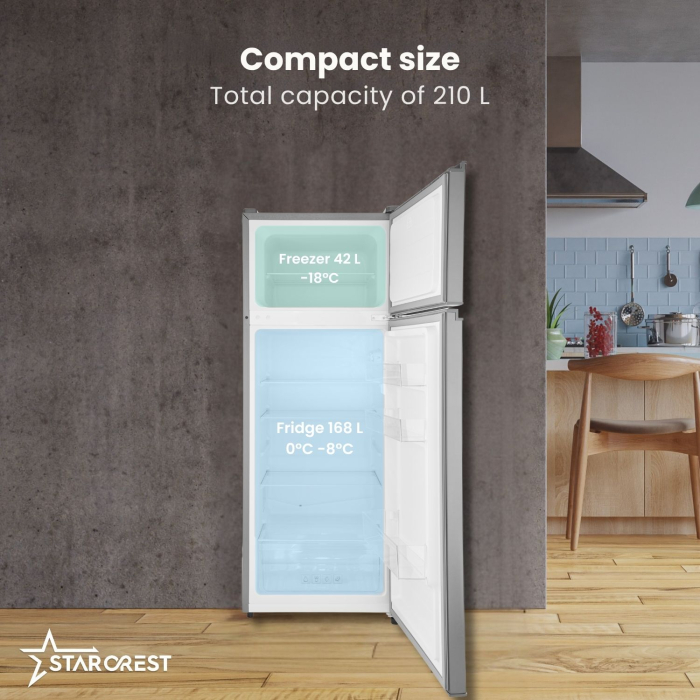 STARCREST 2-Door Refrigerator SF-210DX-E, 210 L, Class E, LED Lighting, Adjustable Thermostat, Reversible Doors, H 143 cm, Black Stainless Steel [3]