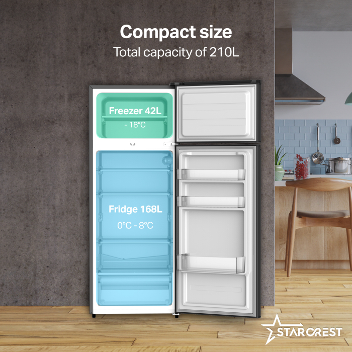 STARCREST 2-Door Refrigerator SF-210DX-E, 210 L, Class E, LED Lighting, Adjustable Thermostat, Reversible Doors, H 143 cm, Black Stainless Steel [3]