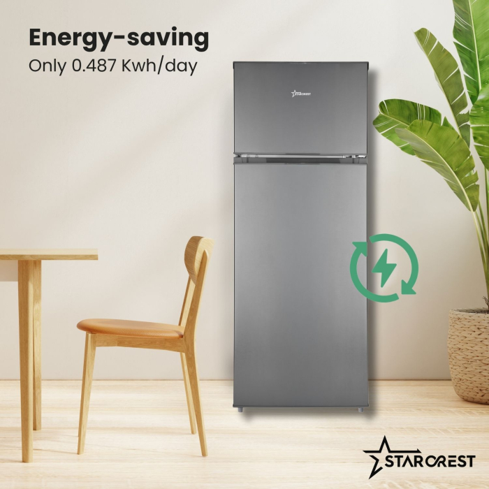 STARCREST 2-Door Refrigerator SF-210DX-E, 210 L, Class E, LED Lighting, Adjustable Thermostat, Reversible Doors, H 143 cm, Black Stainless Steel [4]