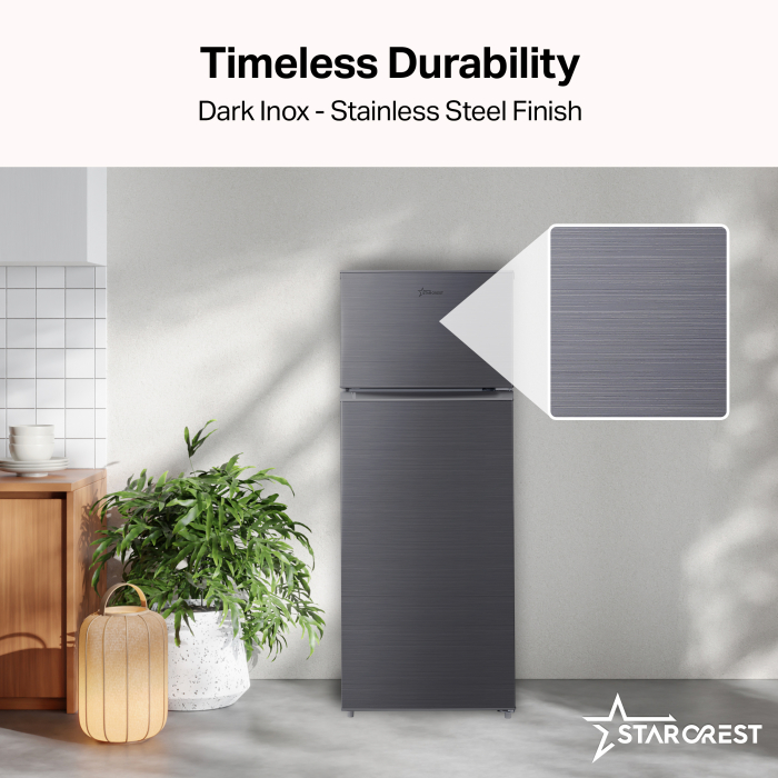 STARCREST 2-Door Refrigerator SF-210DX-E, 210 L, Class E, LED Lighting, Adjustable Thermostat, Reversible Doors, H 143 cm, Black Stainless Steel [5]