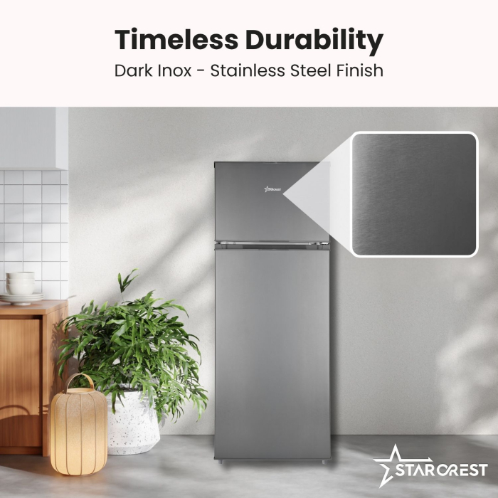 STARCREST 2-Door Refrigerator SF-210DX-E, 210 L, Class E, LED Lighting, Adjustable Thermostat, Reversible Doors, H 143 cm, Black Stainless Steel [5]