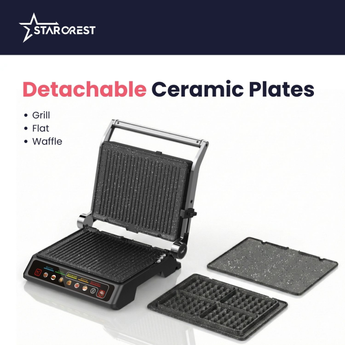 Starcrest 3-in-1 Electric Grill SGR-3023CD, 2000 W, 3 Types of Detachable Plates with Ceramic Coating, Digital Control, 7 Preset Cooking Modes, Cooking Surface 30 x 23 cm, Cleaning Spatula [4]