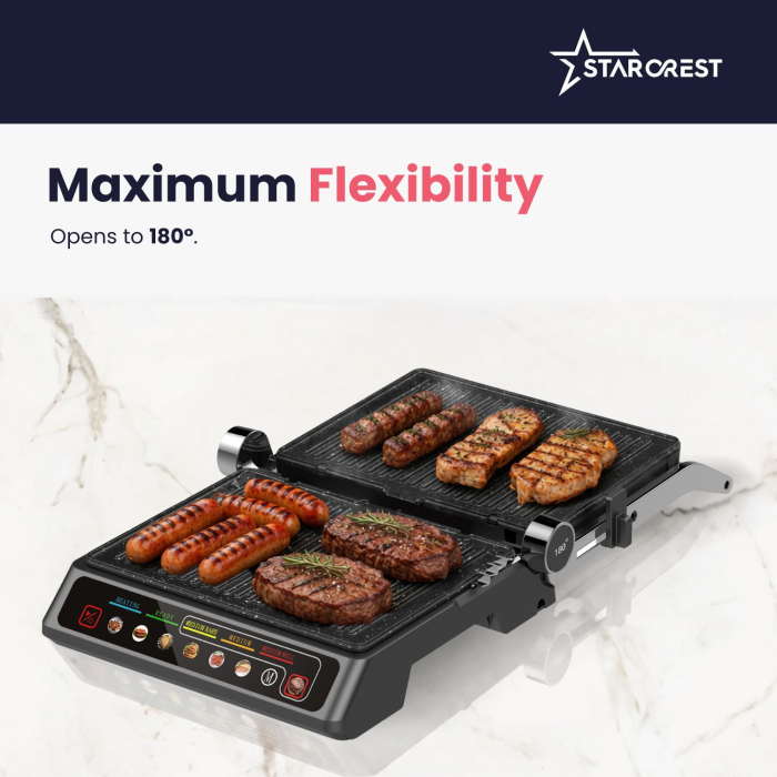 Starcrest 3-in-1 Electric Grill SGR-3023CD, 2000 W, 3 Types of Detachable Plates with Ceramic Coating, Digital Control, 7 Preset Cooking Modes, Cooking Surface 30 x 23 cm, Cleaning Spatula [6]