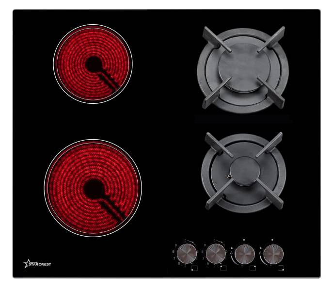 STARCREST Built-in hob SEH-HM6042, Mixed, 2 Gas Zones & 2 Vitroceramic Zones, Electric Ignition, Black Glass [1]