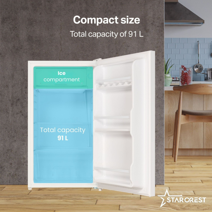 STARCREST Compact Single Door Refrigerator and Freezer SF-91GLS-WHE, Energy Class E, 91L Capacity, Interior Lighting, Height 83 cm, White Glass [3]