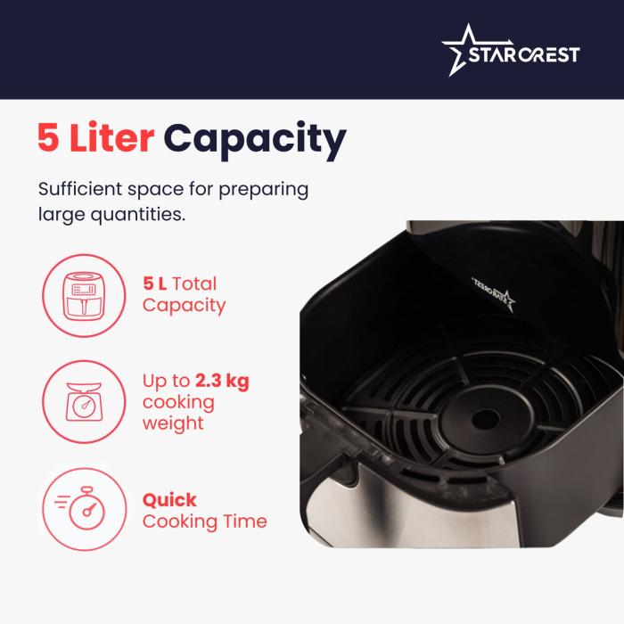 STARCREST Digital XL Air Fryer SFR-5050X, 1450W, 5L Capacity, Thermostat 80–200°C, 8 Preprogrammed Settings, Black [6]