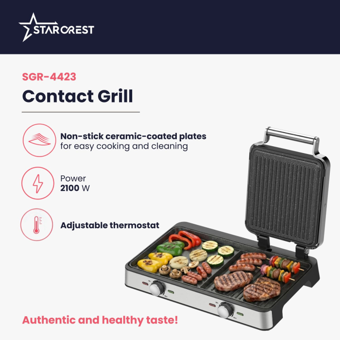Starcrest Electric Grill SGR-4423, 2100 W, Adjustable Thermostat, Ceramic-Coated Plates (Grill/Smooth), Cooking Surface 44 x 23.5 cm, Cleaning Spatula, Black/Stainless Steel [3]