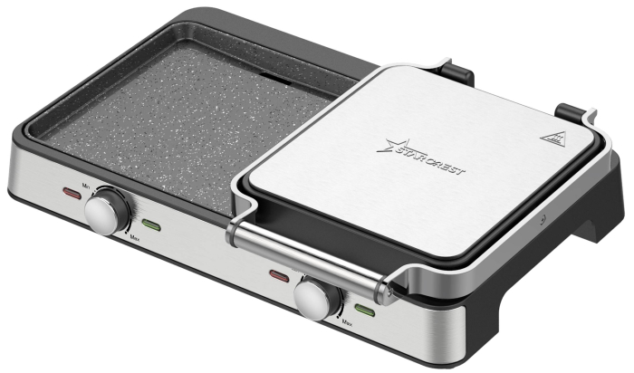 Starcrest Electric Grill SGR-4423, 2100 W, Adjustable Thermostat, Ceramic-Coated Plates (Grill/Smooth), Cooking Surface 44 x 23.5 cm, Cleaning Spatula, Black/Stainless Steel [2]