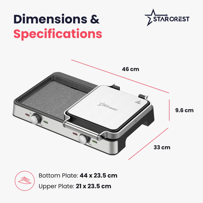 Starcrest Electric Grill SGR-4423, 2100 W, Adjustable Thermostat, Ceramic-Coated Plates (Grill/Smooth), Cooking Surface 44 x 23.5 cm, Cleaning Spatula, Black/Stainless Steel [8]