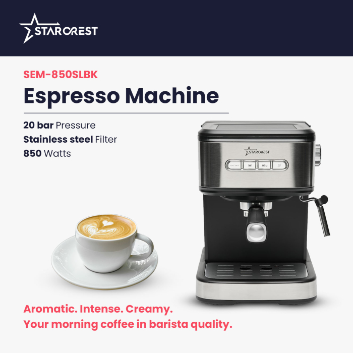 STARCREST Espresso Machine SEM-850SLBK, 850W, 20 Bar, 1.5L Detachable Water Tank, Milk Frother, Double Stainless Steel Filter, Black/Stainless Steel [2]