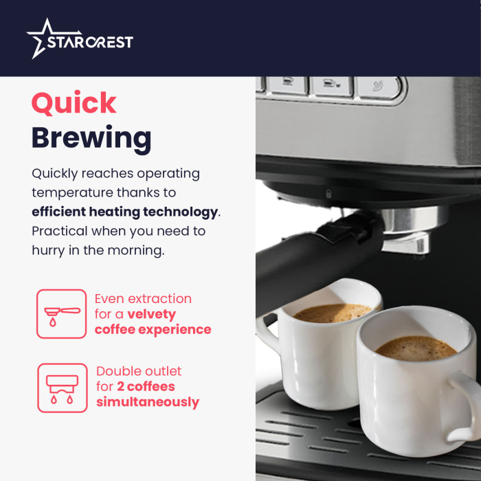 STARCREST Espresso Machine SEM-850SLBK, 850W, 20 Bar, 1.5L Detachable Water Tank, Milk Frother, Double Stainless Steel Filter, Black/Stainless Steel [7]