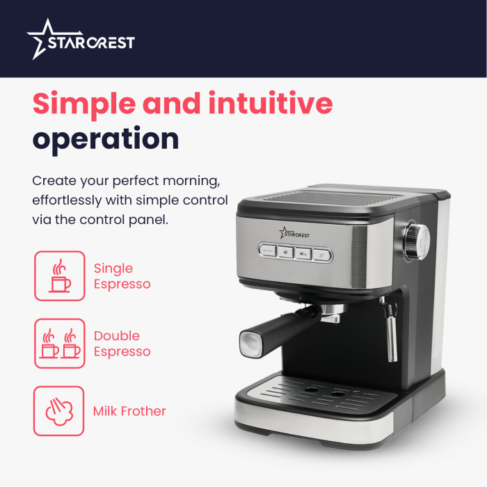 STARCREST Espresso Machine SEM-850SLBK, 850W, 20 Bar, 1.5L Detachable Water Tank, Milk Frother, Double Stainless Steel Filter, Black/Stainless Steel [4]