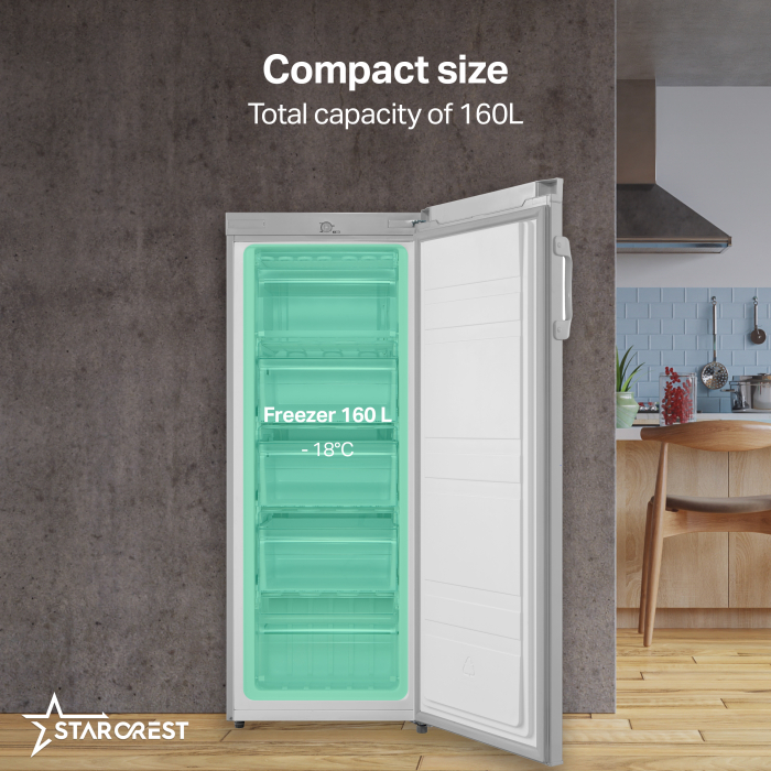 STARCREST Freezer SUF-160SI, 160 L, Energy Class E, Adjustable Thermostat, Reversible Doors, Height 142 cm, Silver [3]