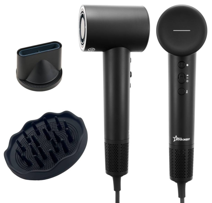 STARCREST Hair Dryer SHD-2BK-DIF, Curly Hair Diffuser, 1600 W, 110.000 RPM, Ionization, 3 Heat Settings, 2 Speed Settings, Cool Shot Button, Black [1]