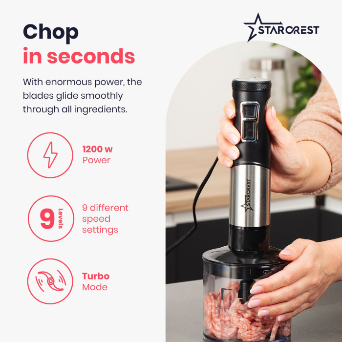 STARCREST Hand Blender SBS-1509PRO, 1200W, Chopper, Whisk, Measuring Cup, 9 Speeds, Turbo, Stainless Steel / Black [3]