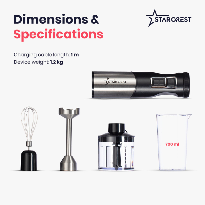 STARCREST Hand Blender SBS-1509PRO, 1200W, Chopper, Whisk, Measuring Cup, 9 Speeds, Turbo, Stainless Steel / Black [8]