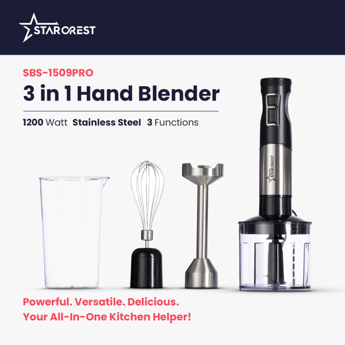 STARCREST Hand Blender SBS-1509PRO, 1200W, Chopper, Whisk, Measuring Cup, 9 Speeds, Turbo, Stainless Steel / Black [2]