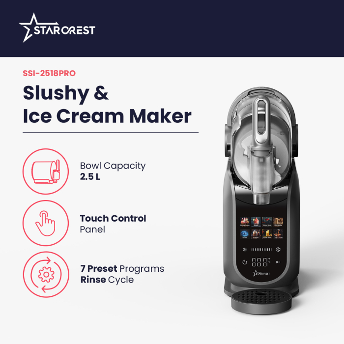 STARCREST IceMix SSI-2518PRO Slushy/Granita and Ice Cream Maker, 2.5L, Touch Control Panel, 8 Programs, Recipe Book, Grey/Black [2]