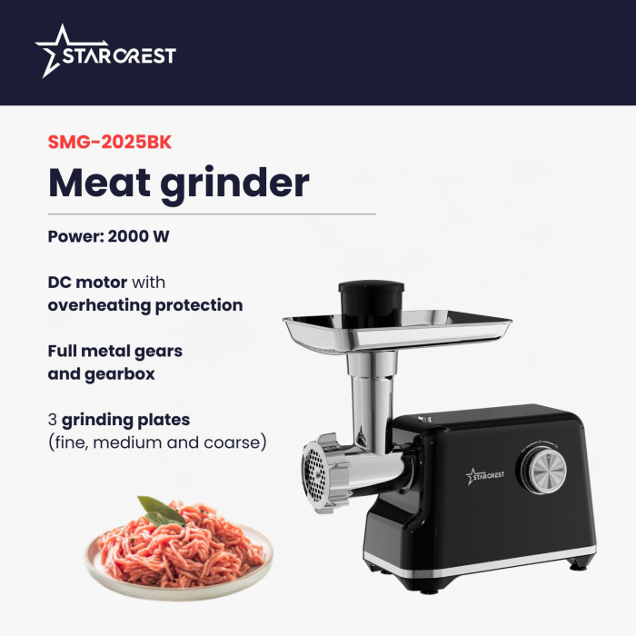 STARCREST Meat Grinder SMG-2025BK, 2000 W, Tomato and Sausage Attachment, 3 Cutting Plates, Stainless Steel Blade, Black [2]
