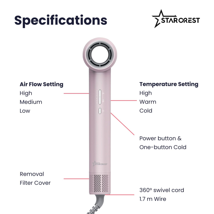 STARCREST Professional Hair Dryer SHD-6-1PK, 1300 W, 6 Accessories Included, 3 Speed Settings, 3 Temperature Settings, Cool Shot Button, Pink [9]