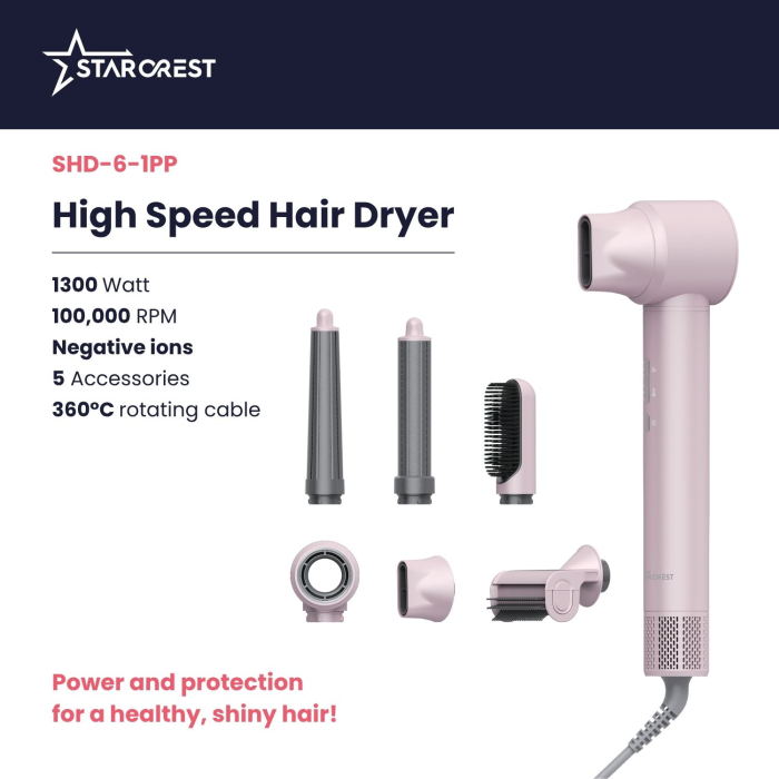 STARCREST Professional Hair Dryer SHD-6-1PK, 1300 W, 6 Accessories Included, 3 Speed Settings, 3 Temperature Settings, Cool Shot Button, Pink [2]