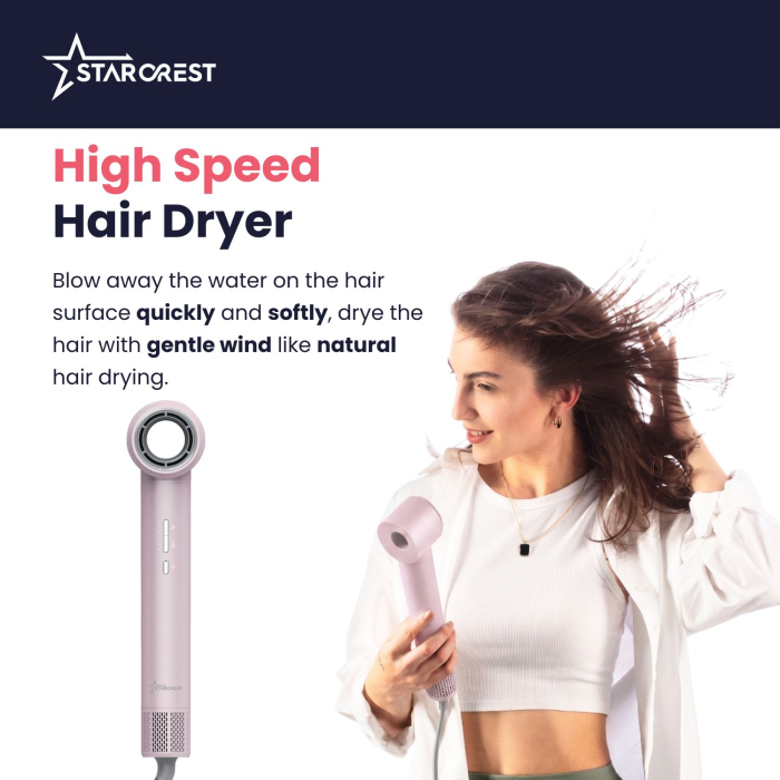 STARCREST Professional Hair Dryer SHD-6-1PK, 1300 W, 6 Accessories Included, 3 Speed Settings, 3 Temperature Settings, Cool Shot Button, Pink [3]