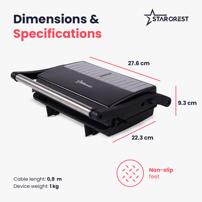 STARCREST Sandwich Maker Grill Panini SGR-2314, 1000 W, Non-stick Plates, 180° Opening, Cooking Surface 23 x 14 cm, Black [8]