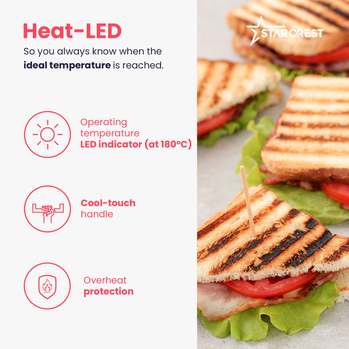 STARCREST Sandwich Maker Grill Panini SGR-2314, 1000 W, Non-stick Plates, 180° Opening, Cooking Surface 23 x 14 cm, Black [7]