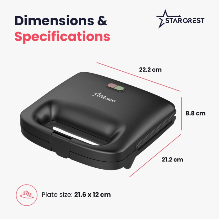 STARCREST Sandwich Maker SGR-2575BK, 750 W, Ceramic Non-Stick Coated Plates, Plate Size 23 x 14.5 cm, Black [4]