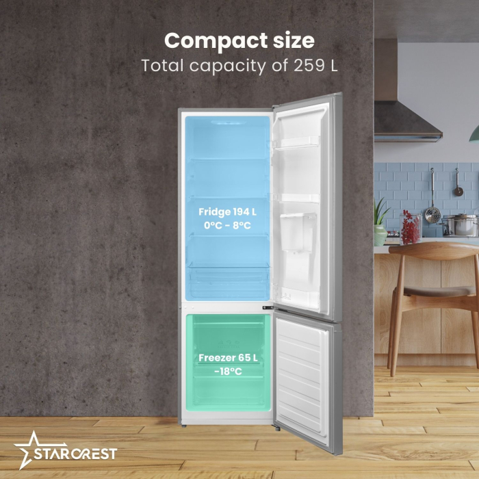 STARCREST SC-259WD-IX refrigerator-freezer, 259 L, Class E, Water Dispenser, Less Frost, Adjustable Thermostat, LED Lighting, Fingerprint-resistant Stainless Steel Finish, Adjustable Feet, Reversible [3]