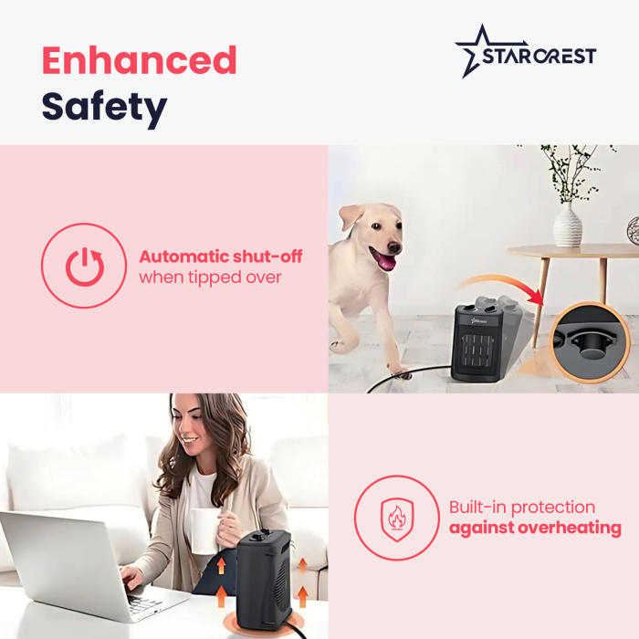STARCREST SCH-20BK Ceramic Heater, 2000W, Adjustable Thermostat, 3 Speeds, Fan Function, Portable, Tip-Over Safety, Overheat Protection, Black [4]
