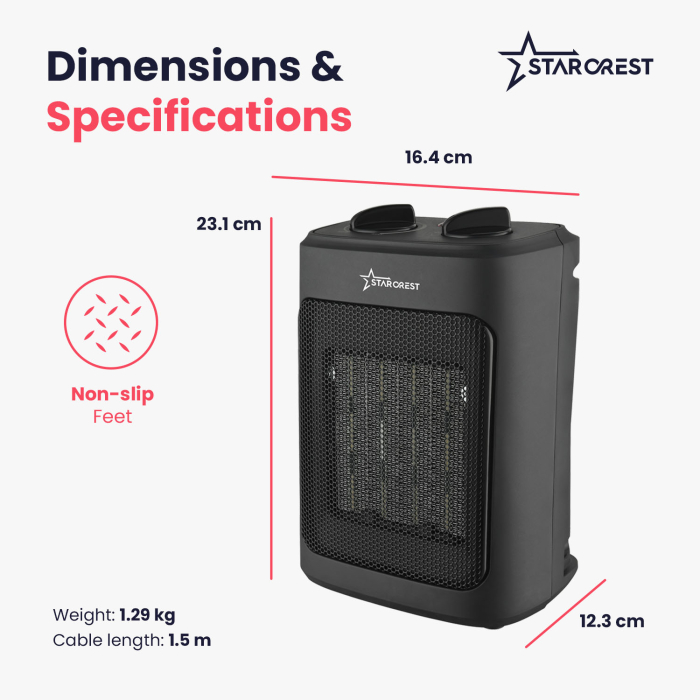 STARCREST SCH-20BK Ceramic Heater, 2000W, Adjustable Thermostat, 3 Speeds, Fan Function, Portable, Tip-Over Safety, Overheat Protection, Black [6]
