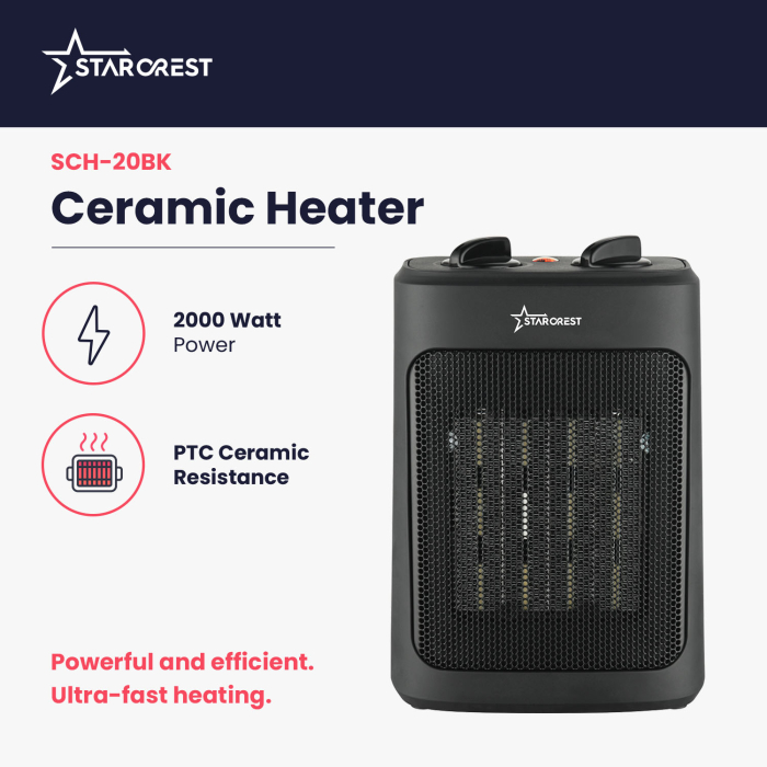STARCREST SCH-20BK Ceramic Heater, 2000W, Adjustable Thermostat, 3 Speeds, Fan Function, Portable, Tip-Over Safety, Overheat Protection, Black [2]
