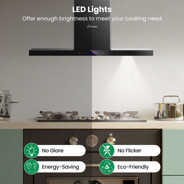 STARCREST SDH-9100BK decorative built-in hood, 500 m³/h extraction power, touch control, LED lighting, Energy Class A+, 90 cm, black + black glass [3]
