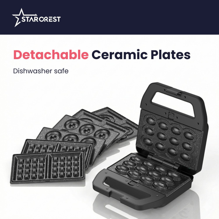 STARCREST SDM-4110BX 4-in-1 Dessert Maker, 800W, Detachable Ceramic-Coated Plates for Waffles, Walnut Cookies, Doughnuts and Smiley Sandwiches, Black [3]