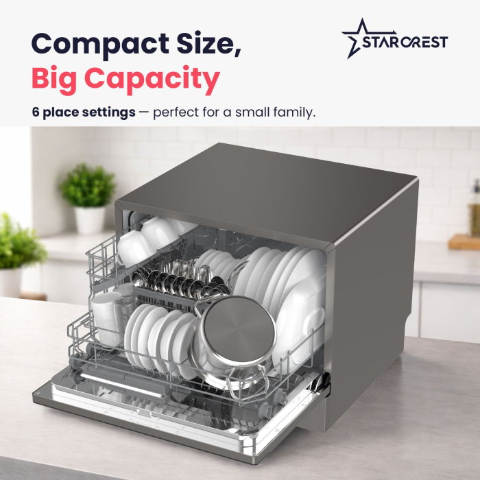 STARCREST SDW-601-SL Dishwasher, 6 Place Settings, 5 Programs, Class D, Black Glass Control Panel, Digital Control Panel, Eco Mode, Flexible Installation, Grey [5]