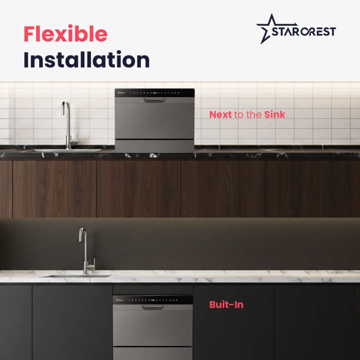 STARCREST SDW-601-SL Dishwasher, 6 Place Settings, 5 Programs, Class D, Black Glass Control Panel, Digital Control Panel, Eco Mode, Flexible Installation, Grey [4]