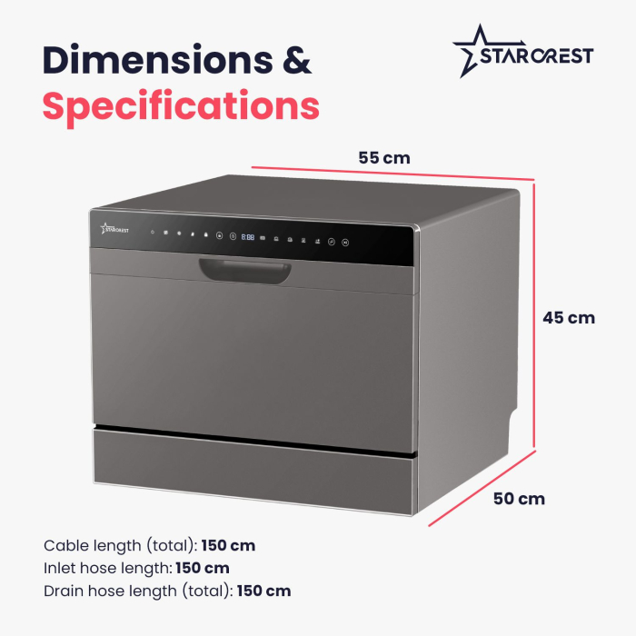 STARCREST SDW-601-SL Dishwasher, 6 Place Settings, 5 Programs, Class D, Black Glass Control Panel, Digital Control Panel, Eco Mode, Flexible Installation, Grey [8]