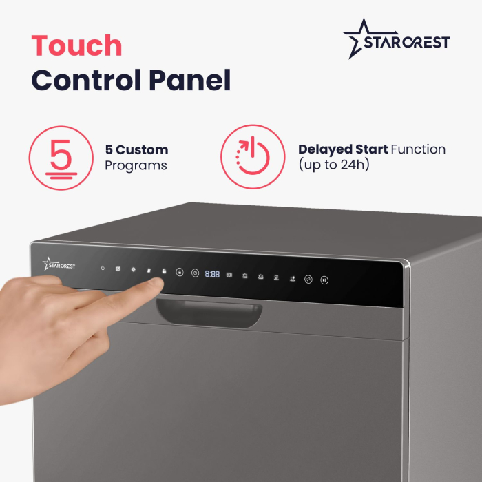 STARCREST SDW-601-SL Dishwasher, 6 Place Settings, 5 Programs, Class D, Black Glass Control Panel, Digital Control Panel, Eco Mode, Flexible Installation, Grey [3]