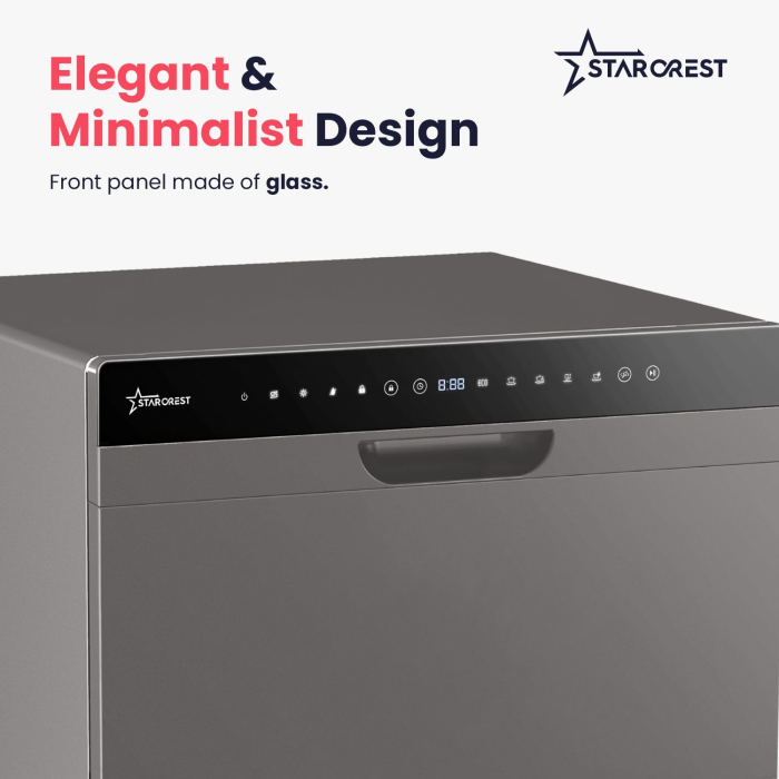 STARCREST SDW-601-SL Dishwasher, 6 Place Settings, 5 Programs, Class D, Black Glass Control Panel, Digital Control Panel, Eco Mode, Flexible Installation, Grey [2]