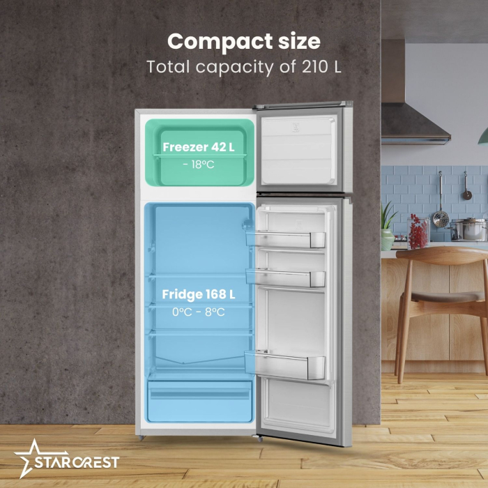 STARCREST SF-210IX-E 2-door refrigerator, 210 L, Energy Class E, LED lighting, Anti-fingerprint stainless steel, Adjustable thermostat, Reversible doors, Height 143 cm, Stainless steel [3]