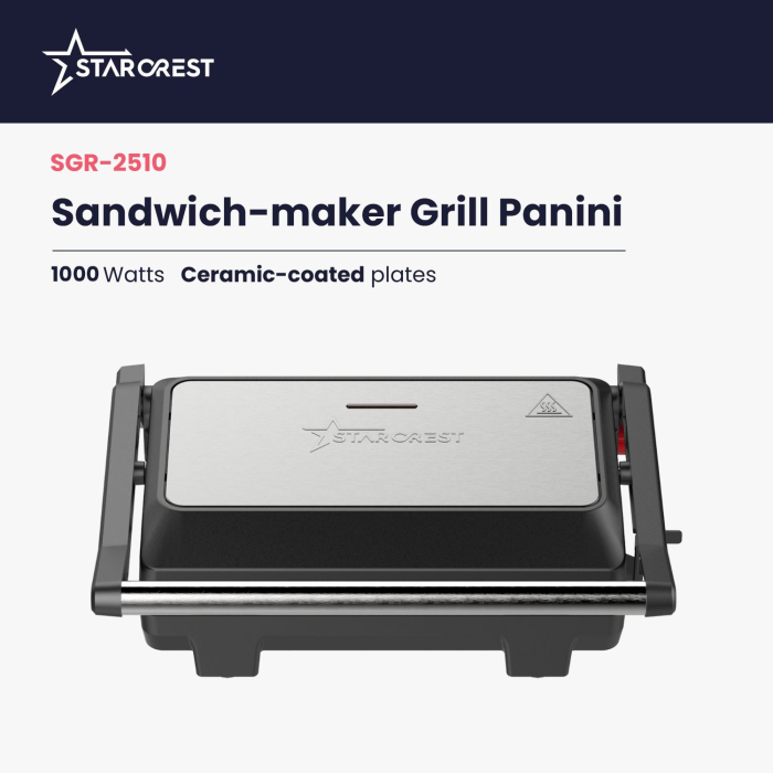 STARCREST SGR-2510 Panini Grill & Sandwich Maker, 1000W, Ceramic Grill Plates, 180° Opening, 23 x 14.5 cm Cooking Surface, Black/Stainless Steel [2]