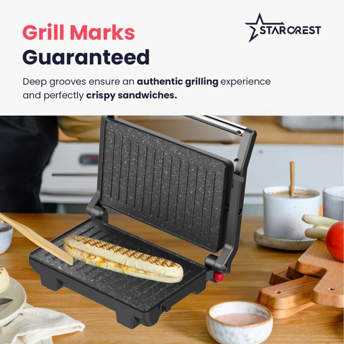 STARCREST SGR-2510 Panini Grill & Sandwich Maker, 1000W, Ceramic Grill Plates, 180° Opening, 23 x 14.5 cm Cooking Surface, Black/Stainless Steel [5]