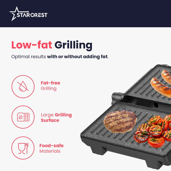 STARCREST SGR-2510 Panini Grill & Sandwich Maker, 1000W, Ceramic Grill Plates, 180° Opening, 23 x 14.5 cm Cooking Surface, Black/Stainless Steel [4]