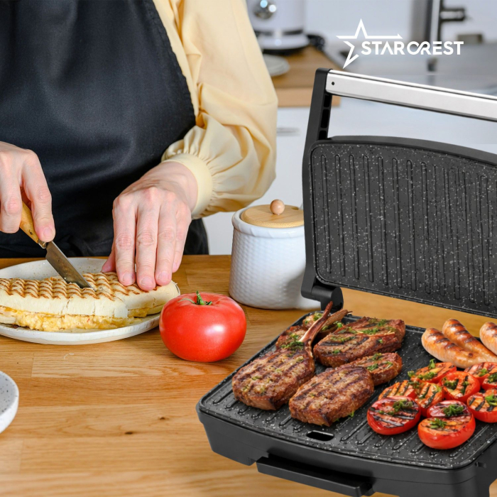 STARCREST SGR-2516BX Sandwich Maker Grill Panini, 1600 W, ceramic-coated grill plates, adjustable temperature, cooking surface 25.5 x 15.5 cm, cleaning spatula, Black/Stainless Steel [8]