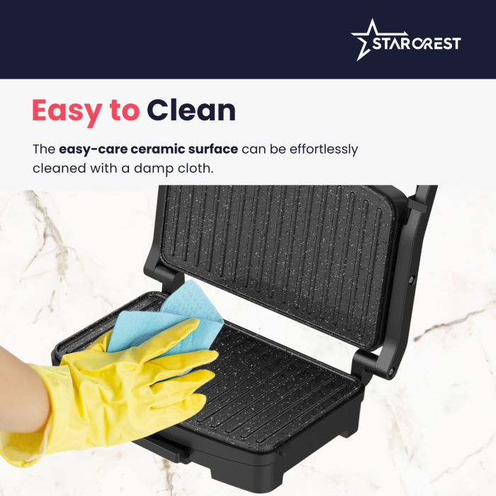 STARCREST SGR-2516BX Sandwich Maker Grill Panini, 1600 W, ceramic-coated grill plates, adjustable temperature, cooking surface 25.5 x 15.5 cm, cleaning spatula, Black/Stainless Steel [6]