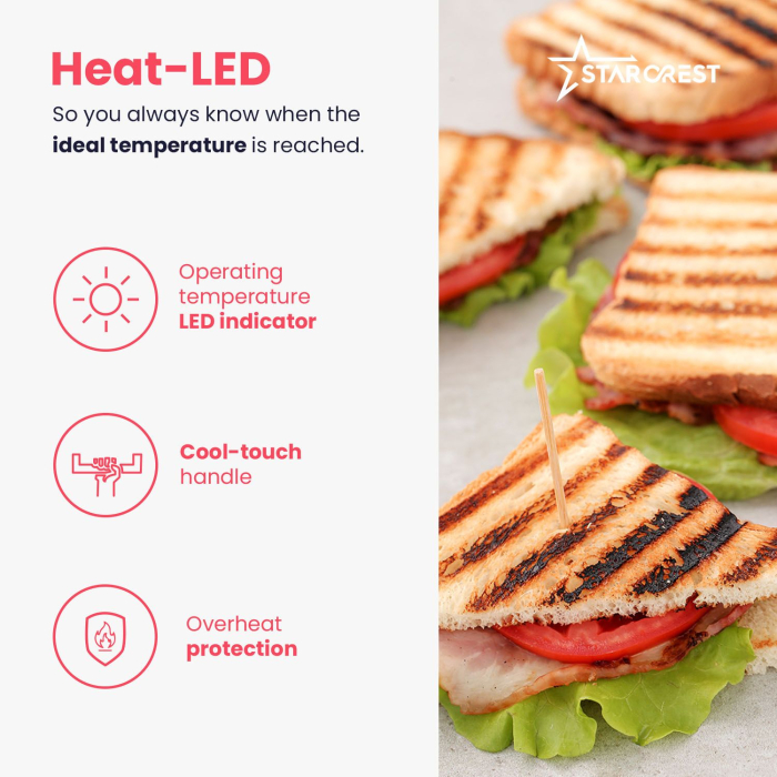 STARCREST SGR-2516BX Sandwich Maker Grill Panini, 1600 W, ceramic-coated grill plates, adjustable temperature, cooking surface 25.5 x 15.5 cm, cleaning spatula, Black/Stainless Steel [7]
