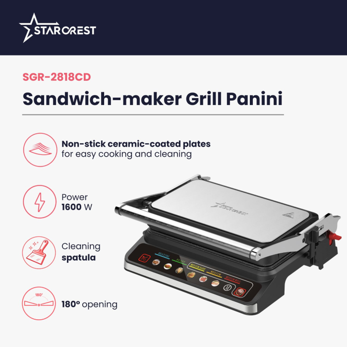 STARCREST SGR-2818CD Electric Grill, 1600 W, Detachable plates with ceramic coating, Digital control, 7 preset cooking modes, 180° opening, Cooking surface 28.8 x 18.4 cm, Cleaning spatula, Black/Stai [2]