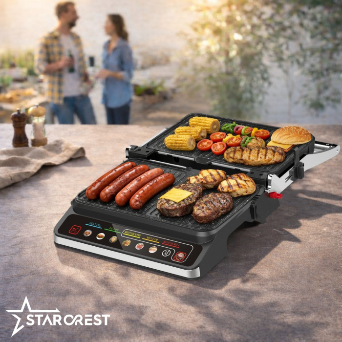 STARCREST SGR-2818CD Electric Grill, 1600 W, Detachable plates with ceramic coating, Digital control, 7 preset cooking modes, 180° opening, Cooking surface 28.8 x 18.4 cm, Cleaning spatula, Black/Stai [8]